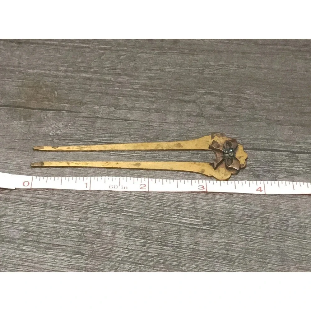 Antique Victorian Brass Bow Black Rhinestone Accent Hair Fork Pin